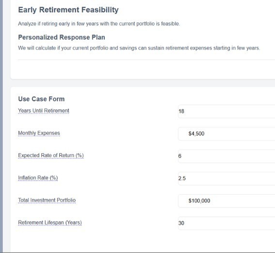 Early retirement scenario dashboard